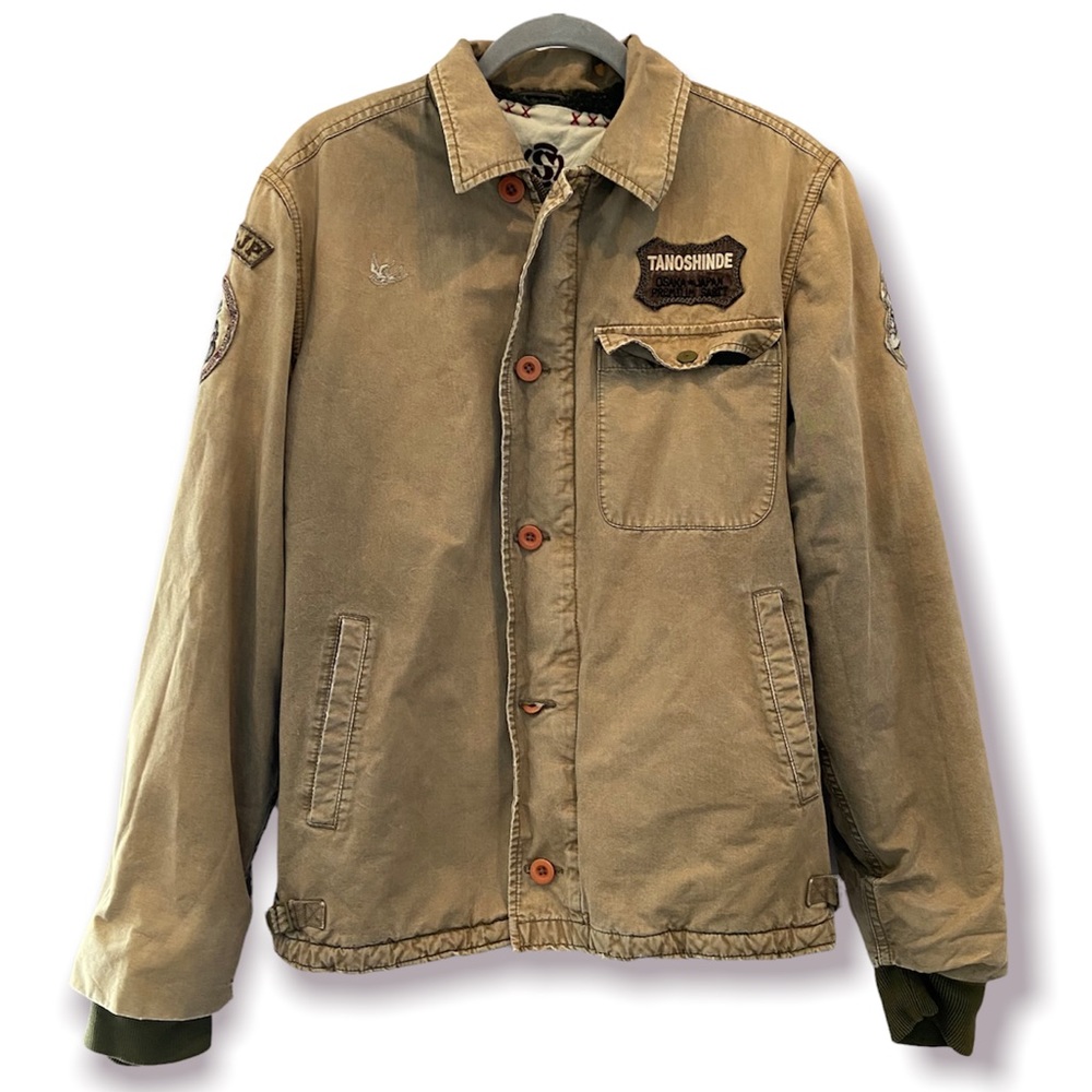SABIT NYC | TANOSHINDE Men’s Patch Bomber Military Jacket Field Coat Medium